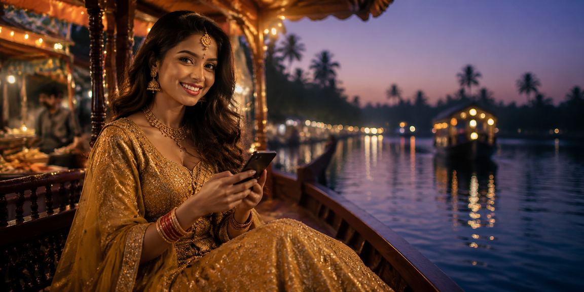 Indian player enjoying mobile casino near Kerala backwaters
