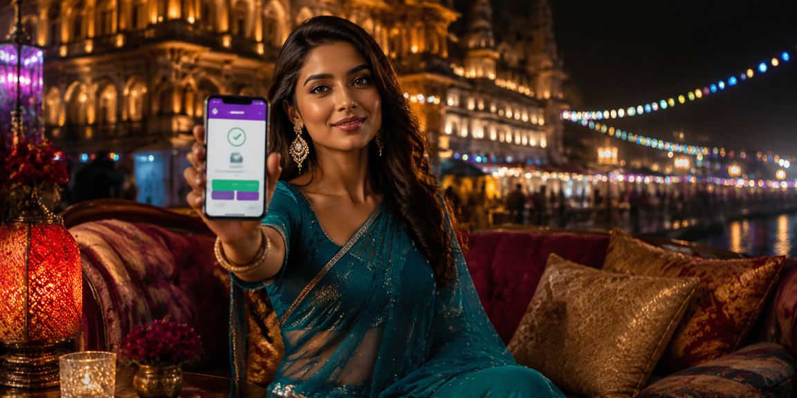 Woman in Lucknow making digital payment via mobile UPI app for betting